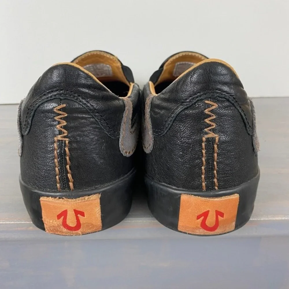 True Religion Low Top Slip On Leather Sneakers Men Size 10 Black Mock‎ Toe Shoes
